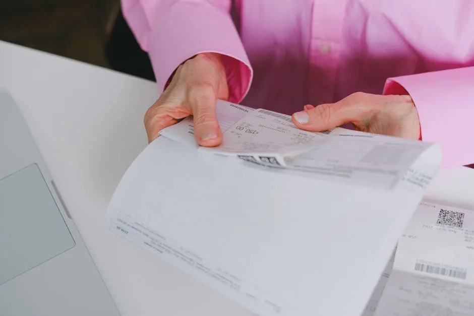 Profissional organizando recibos e documentos de pagamento