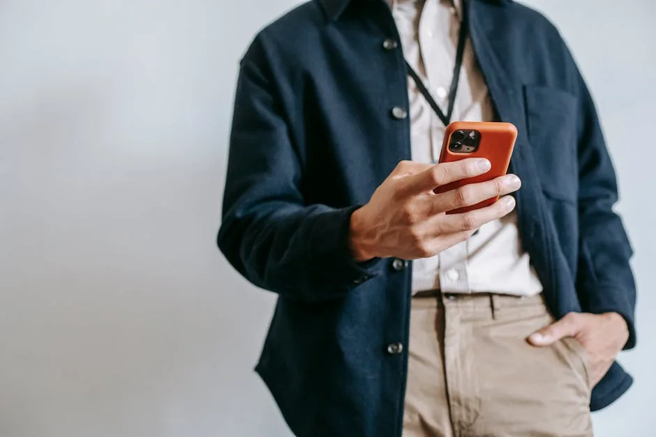 Low angle of crop unrecognizable male manager in trendy outfit and name badge messaging on mobile ph
