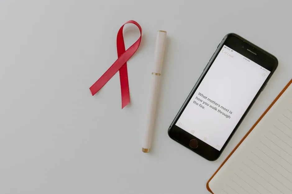 Flat lay of pink ribbon, smartphone, and pen symbolizing breast cancer awareness.
